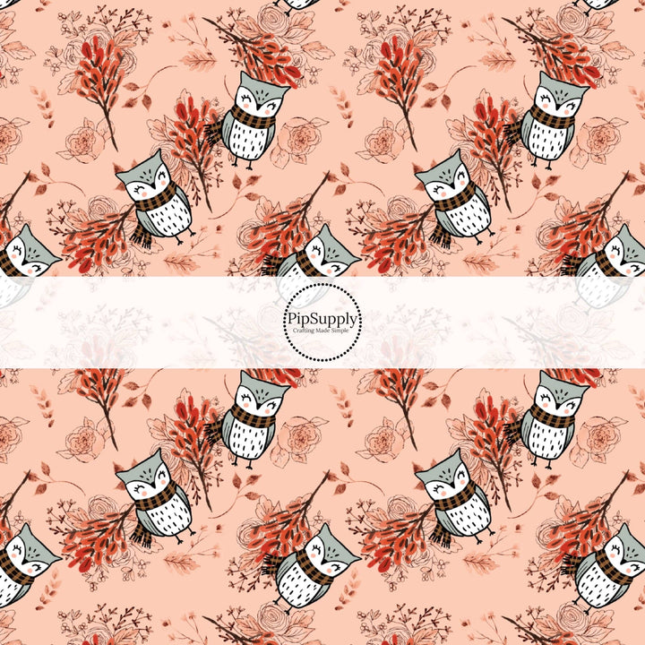 Autumn Owls on Peach Hair Bow Strips