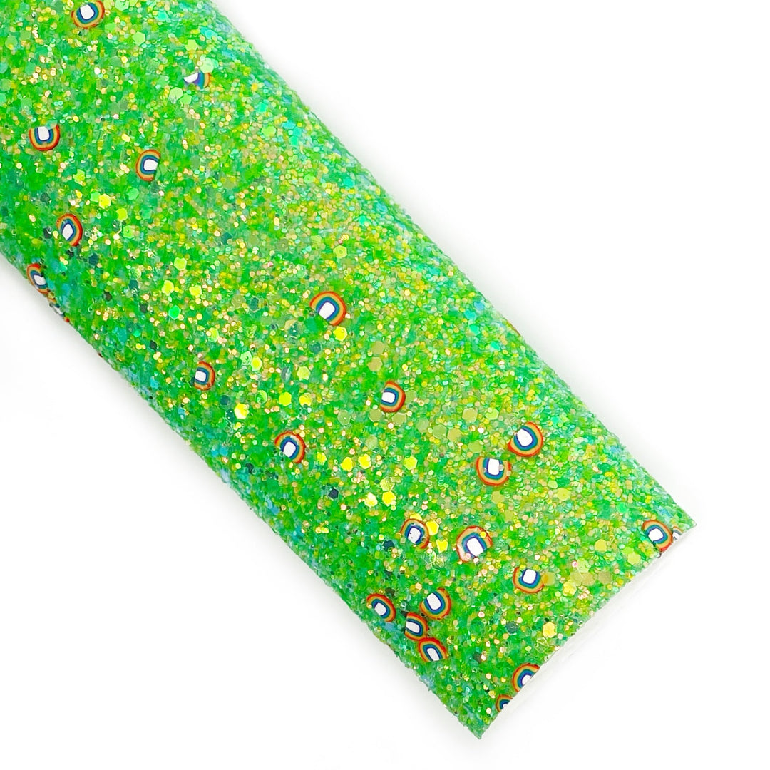 Leprechaun Green and Rainbow Pieces Glitter Faux Leather Sheets