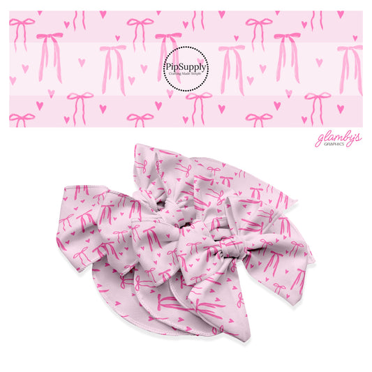 These Valentine's pattern no sew bow strips can be easily tied and attached to a clip for a finished hair bow. These Valentine's Day bow strips are great for personal use or to sell. The bow strips feature pink hearts and bows on light pink.