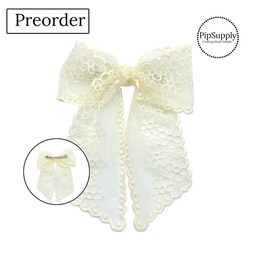 PRE-ORDER Ivory Flower Tulle Angled Large Hair Bow w/Clip (estimated to ship the week of May 27th)