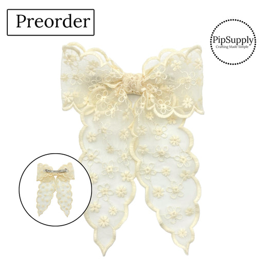 PRE-ORDER Cream Flower Tulle Pointed Large Hair Bow w/Clip (estimated to ship the w/o May 27th)