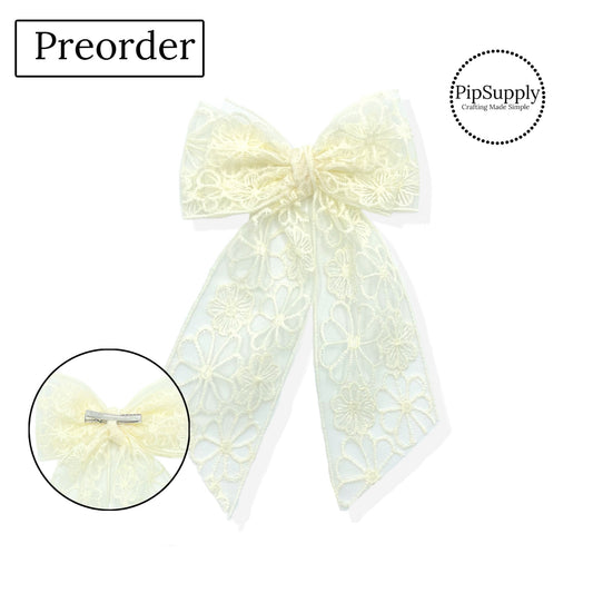 PRE-ORDER Stacked Ivory Flower Tulle Angled Large Hair Bow w/Clip (estimated to ship the week of May 27th)