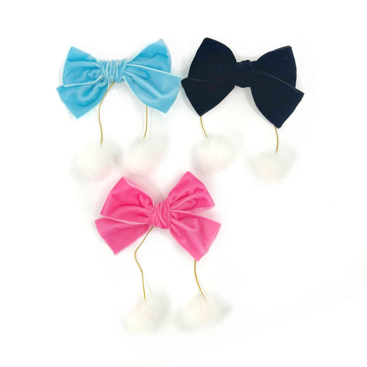 Velvet Ribbon Faux Fur Pom Pom Hair Bows w/Clip