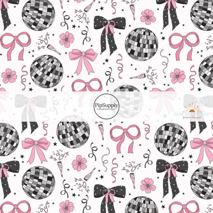 This party fabric by the yard features pink bows and disco balls. This festive pattern fabric can be used for all your sewing and crafting needs!