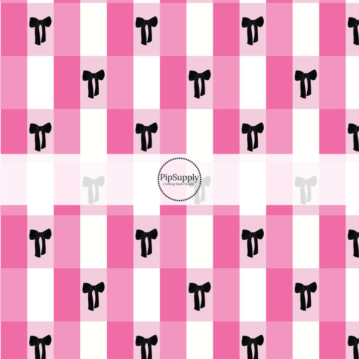 This checker fabric by the yard features black bows on pink coquette checker pattern. This festive pattern fabric can be used for all your sewing and crafting needs!