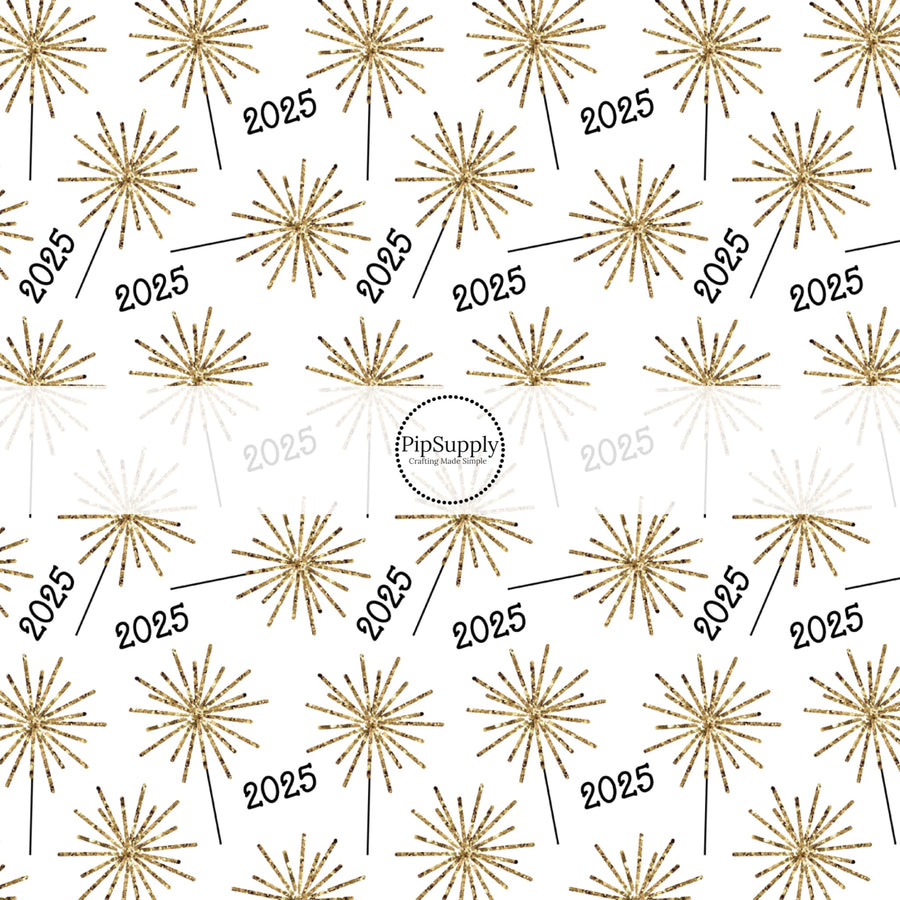 This holiday fabric by the yard features "2025" surrounded by gold sparklers. This festive pattern fabric can be used for all your sewing and crafting needs!