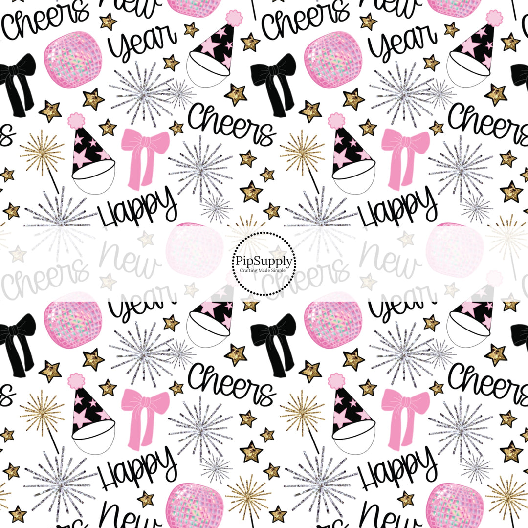 This holiday fabric by the yard features New Year sayings surrounded by sparklers, party hats, and bows. This festive pattern fabric can be used for all your sewing and crafting needs!