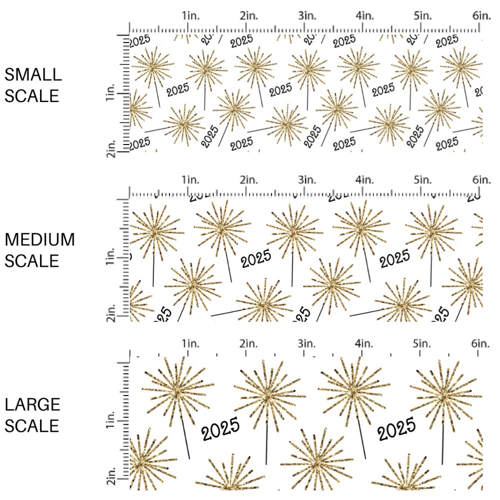 This holiday fabric by the yard features "2025" surrounded by gold sparklers. This festive pattern fabric can be used for all your sewing and crafting needs!
