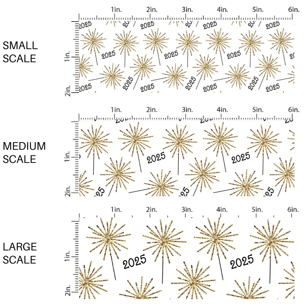 This holiday fabric by the yard features "2025" surrounded by gold sparklers. This festive pattern fabric can be used for all your sewing and crafting needs!