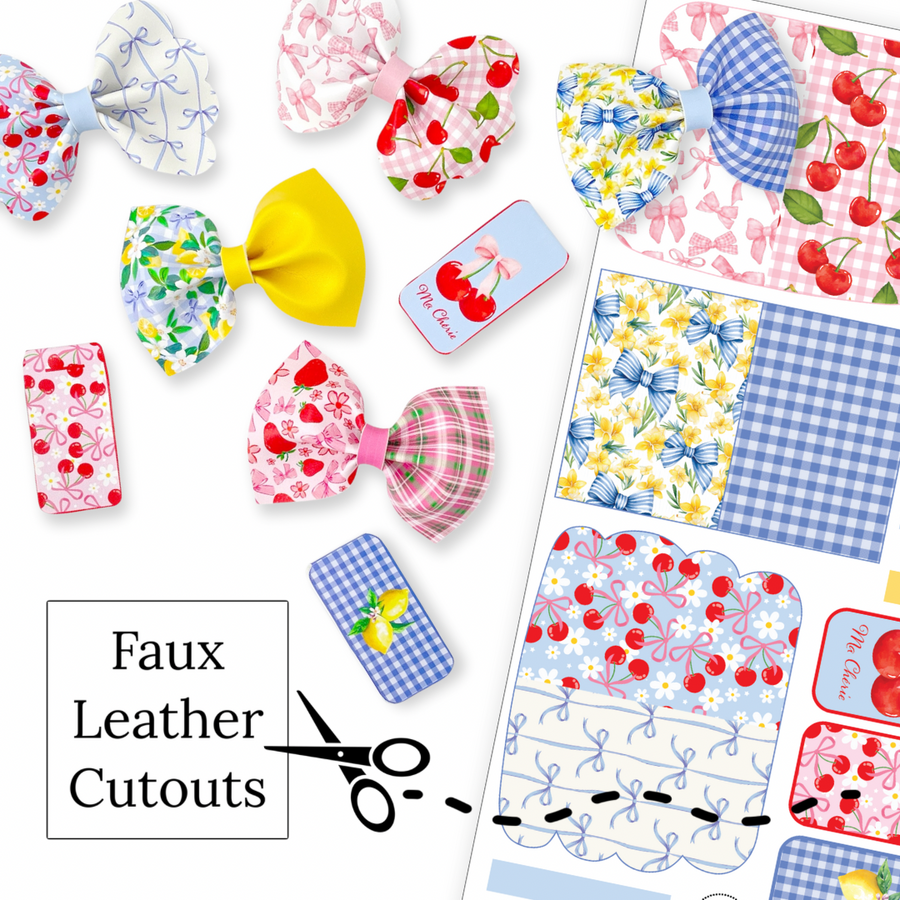 These fun spring themed faux leather bows with cherries, flowers, and bows are ready to cut and assemble for many craft projects. These patterned cutouts can be used to make a hair bow, headband, banner, photo props, scrapbook, party or classroom decorations, bulletin board trim or anything creative! 