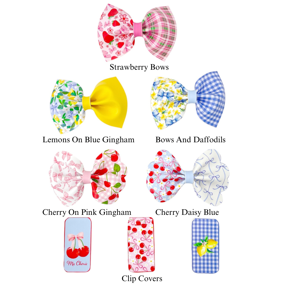 These fun spring themed faux leather bows with cherries, flowers, and bows are ready to cut and assemble for many craft projects. These patterned cutouts can be used to make a hair bow, headband, banner, photo props, scrapbook, party or classroom decorations, bulletin board trim or anything creative! 