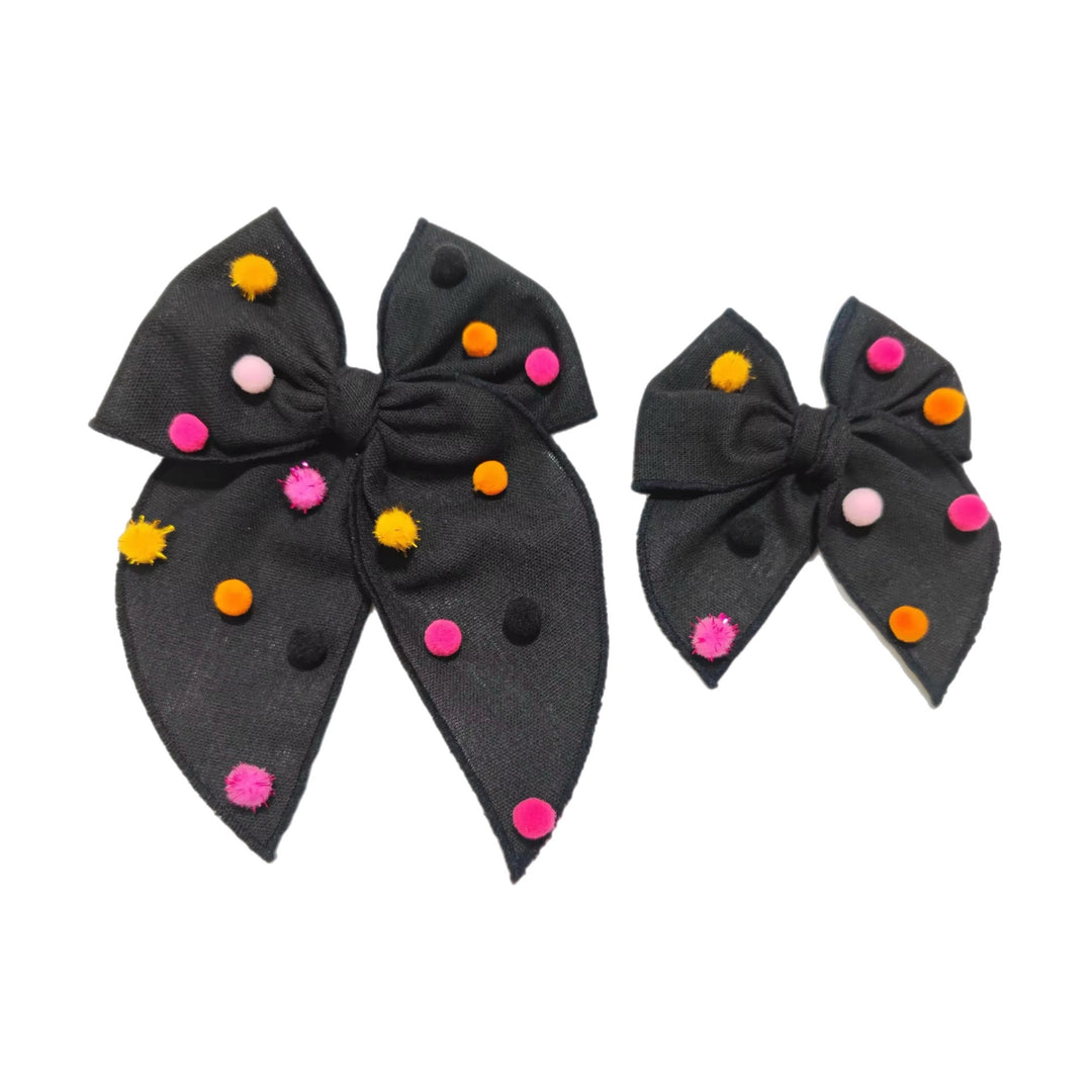 Black Halloween Fabric Pom Pom Hair Tied Bow w/ Clip