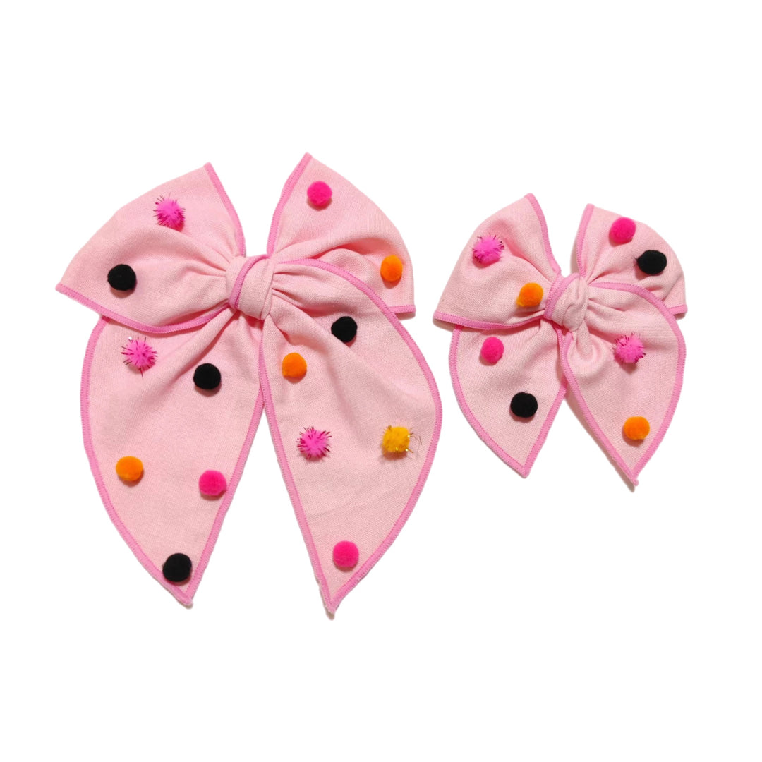 Pink Halloween Fabric Pom Pom Hair Tied Bow w/ Clip