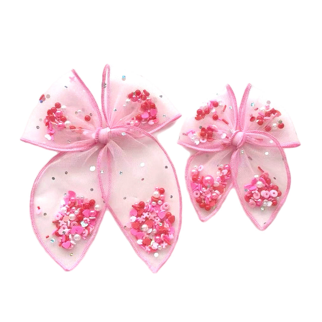 Sparkle Pink XOXO Tulle Shaker Hair Tied Bow w/ Clip