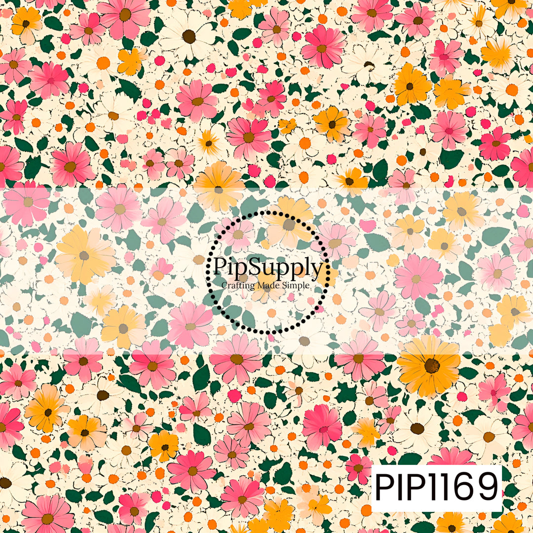 A lively floral pattern filled with layered daisies and wildflowers in bright pink, soft blush, golden orange, and creamy white, accented with deep green leaves for a bold vintage-inspired look.
