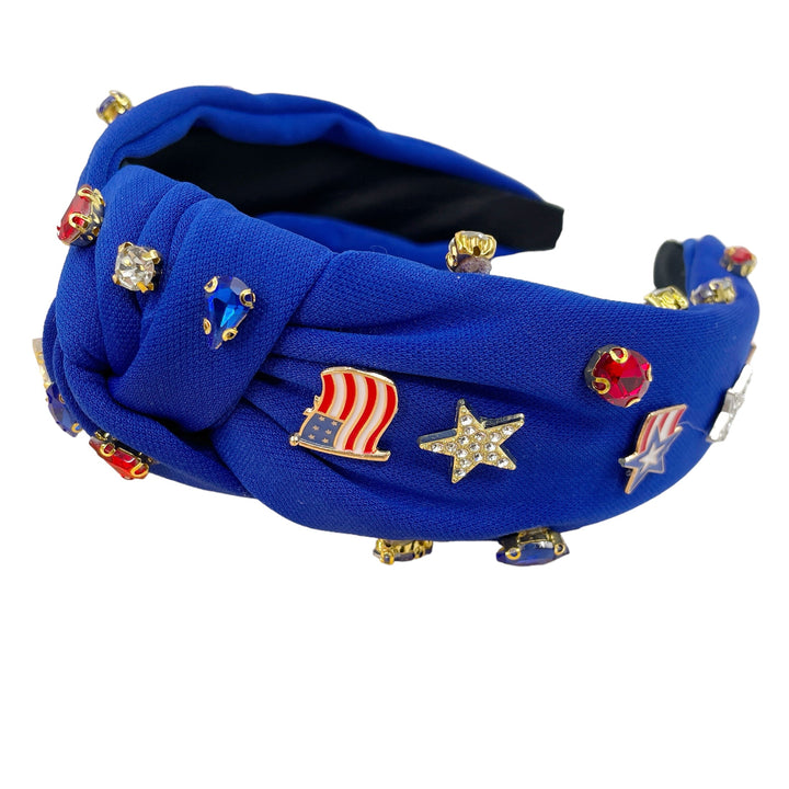 These patriotic rhinestone embellished headbands are a stylish hair accessory having the look of a knotted headwrap and the on and off ease of a headband. Made with thick high quality fabric these headbands are a perfect simple and fashionable answer to keeping your hair back!