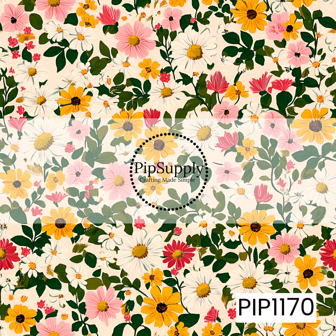 A lush garden floral featuring golden yellow, soft pink, crisp white, and deep red blooms surrounded by rich green foliage on a warm cream background.
