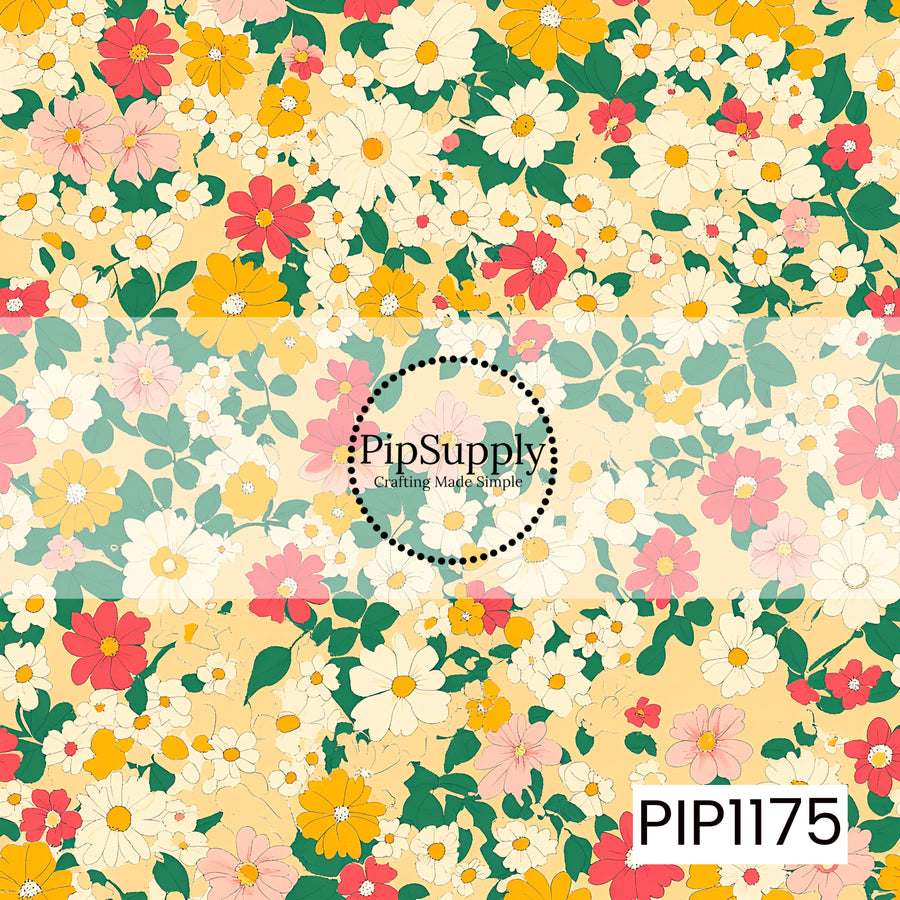 A cheerful retro-inspired floral print filled with creamy ivory daisies, golden yellow blooms, coral red flowers, and soft blush pink petals. Rich emerald and teal green leaves are scattered throughout, creating beautiful contrast against the warm buttery yellow background. The packed garden of blooms has a playful hand-drawn look with a nostalgic 70s feel, giving the design a sunny, happy, vintage charm.
