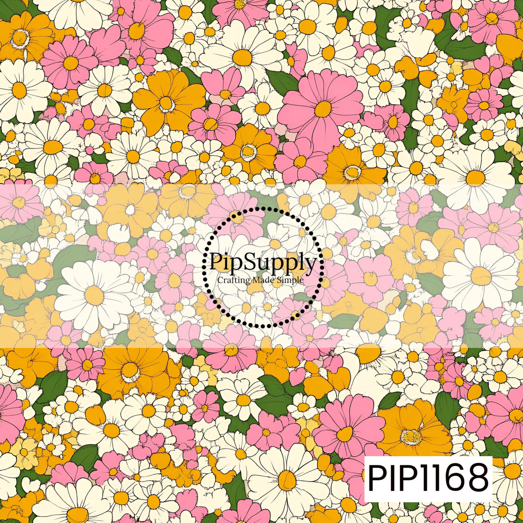 A bold retro floral pattern packed with overlapping daisies and wildflowers in bright pink, golden orange, and creamy white, accented with rich green leaves.
