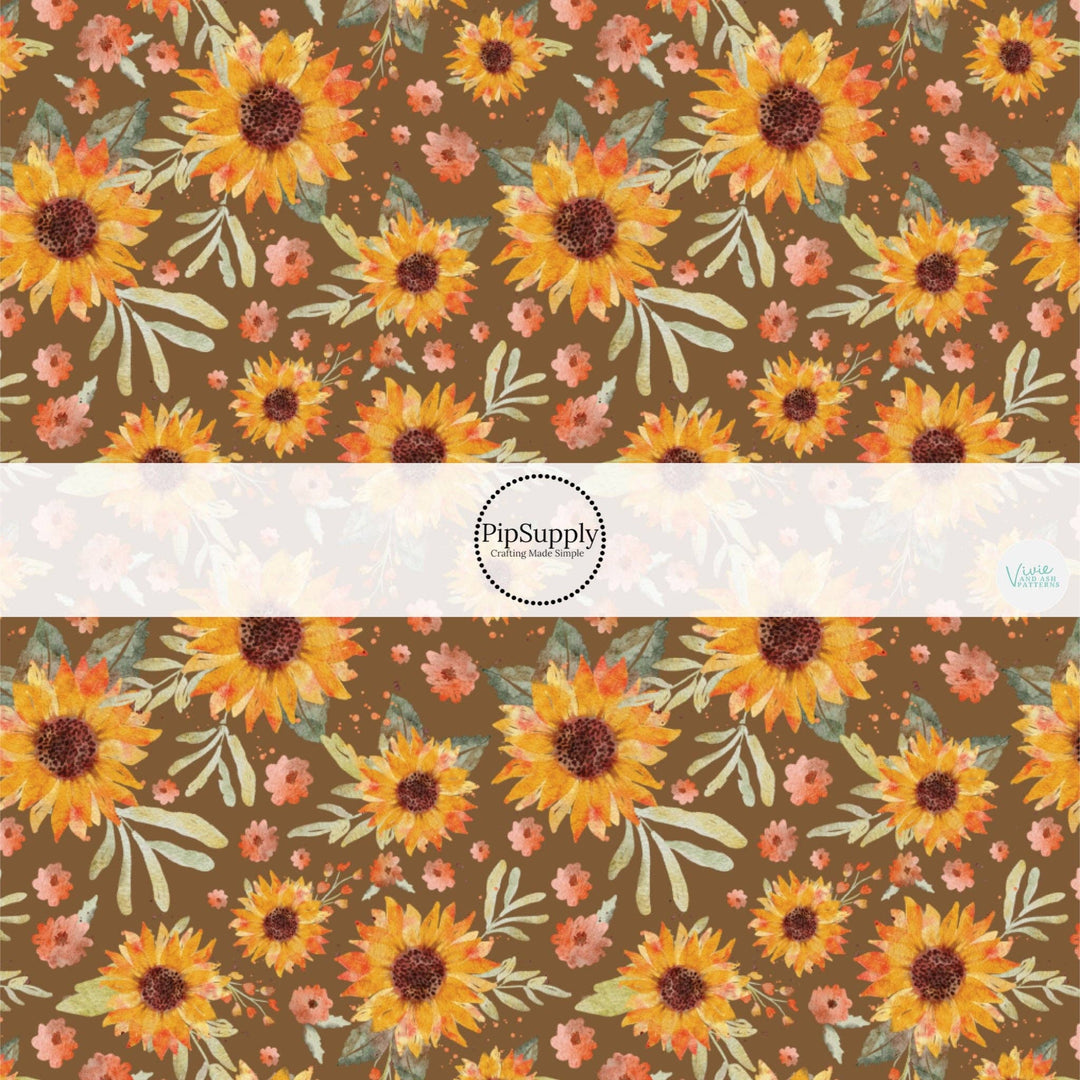 Watercolor Sunflower Brown Hair Bow Strips