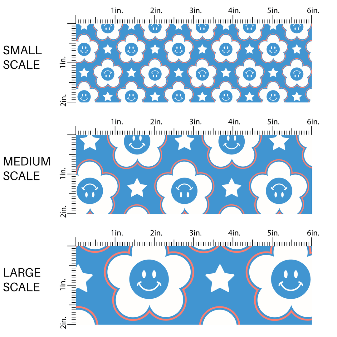 Smiley Daisies and Stars on Baby Blue Fabric By The Yard