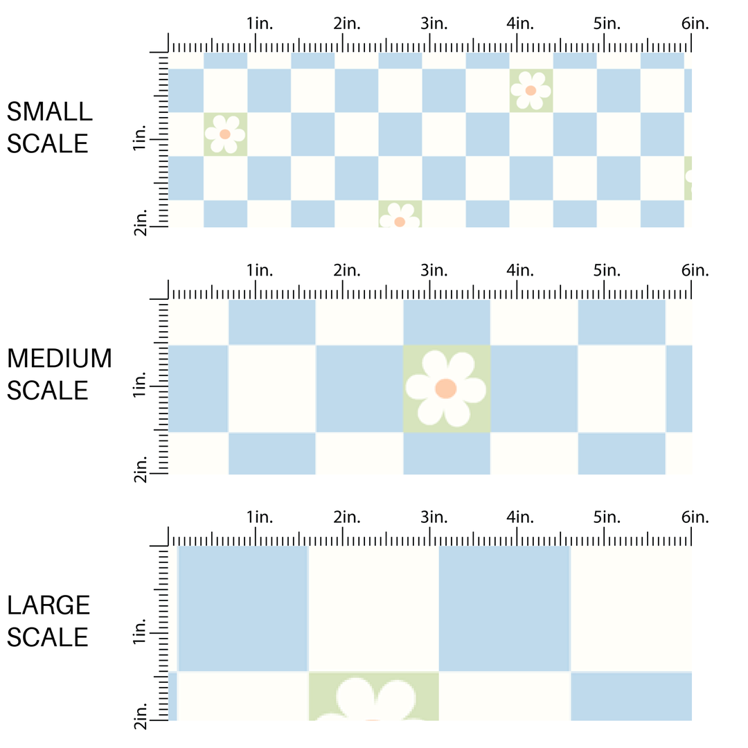 Baby Blue and Mint Daisy Checkered Fabric By The Yard