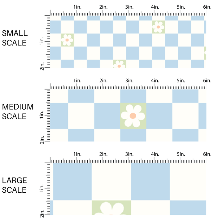 Baby Blue and Mint Daisy Checkered Fabric By The Yard
