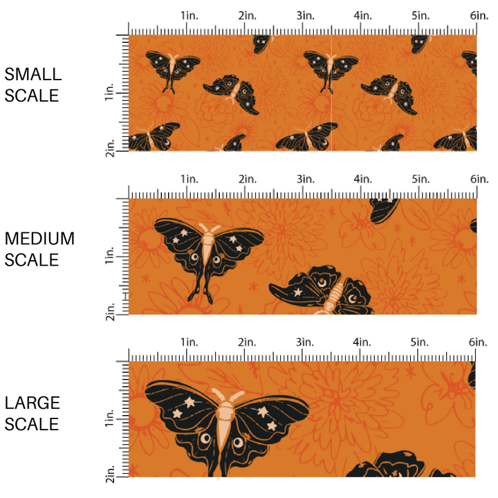 Celestial Moths on Orange Floral Fabric By The Yard