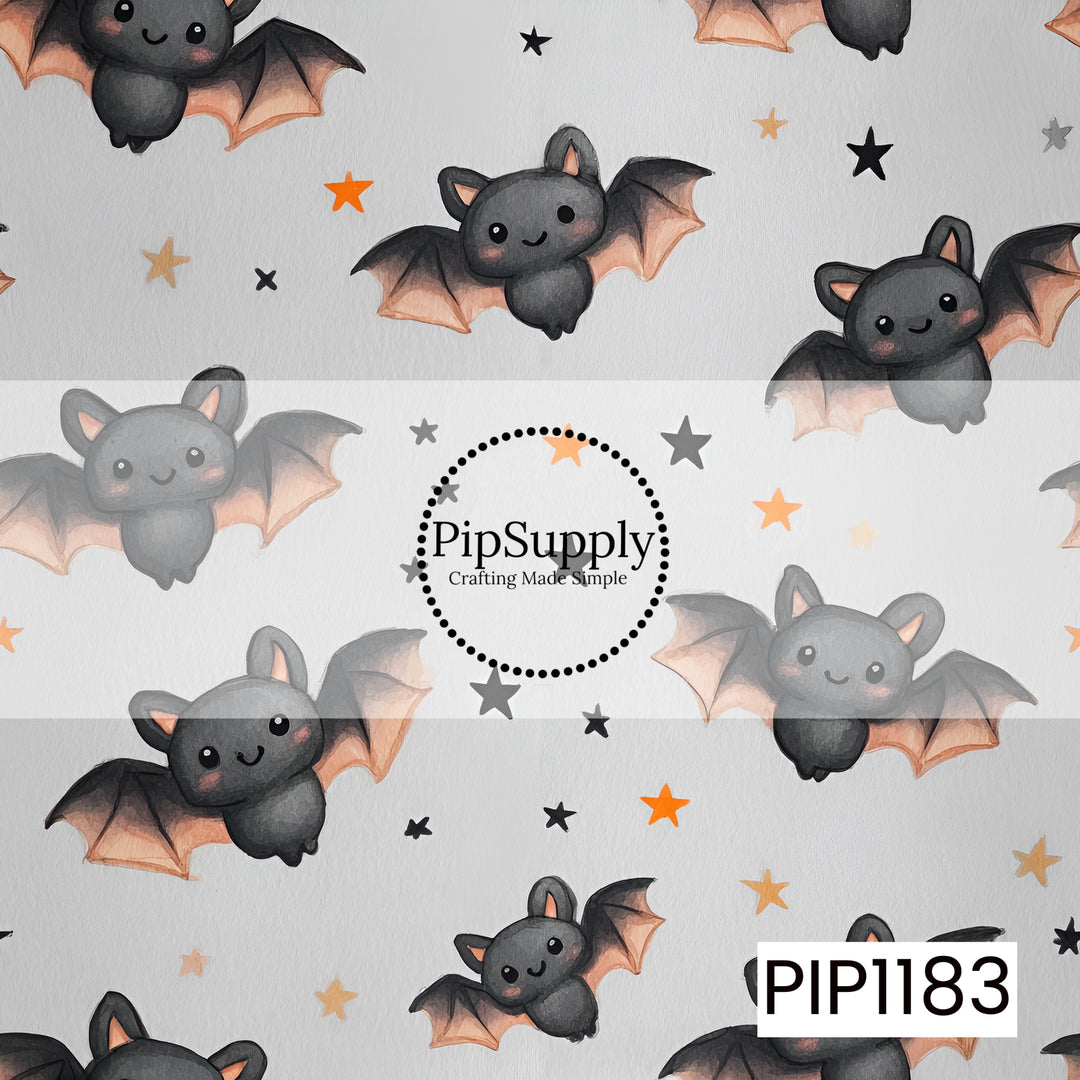 A sweet watercolor Halloween print featuring adorable black bats with rosy cheeks, tiny smiles, and soft peach-toned wings. Scattered black, orange, and golden stars add a playful touch against the light neutral background, creating a cute and whimsical spooky-season design.
