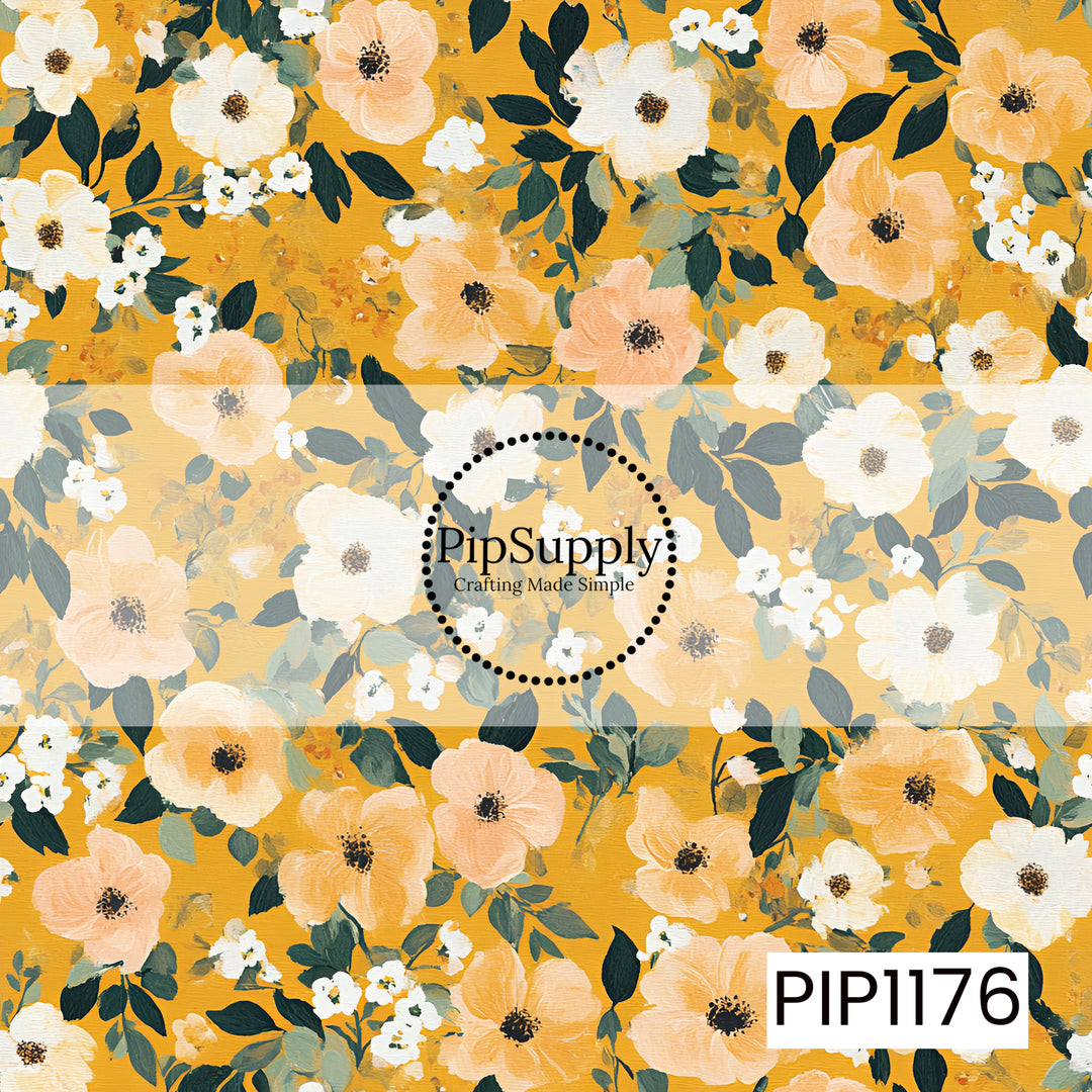A warm, painterly floral print featuring soft peach, creamy ivory, and pale apricot blooms scattered across a rich golden mustard background. Deep forest green and muted sage leaves weave between the flowers, adding earthy contrast and depth. Visible brushstroke textures give the design a hand-painted, artistic finish, while the warm golden palette creates a cozy, vintage-inspired feel that transitions beautifully from late summer into fall.

