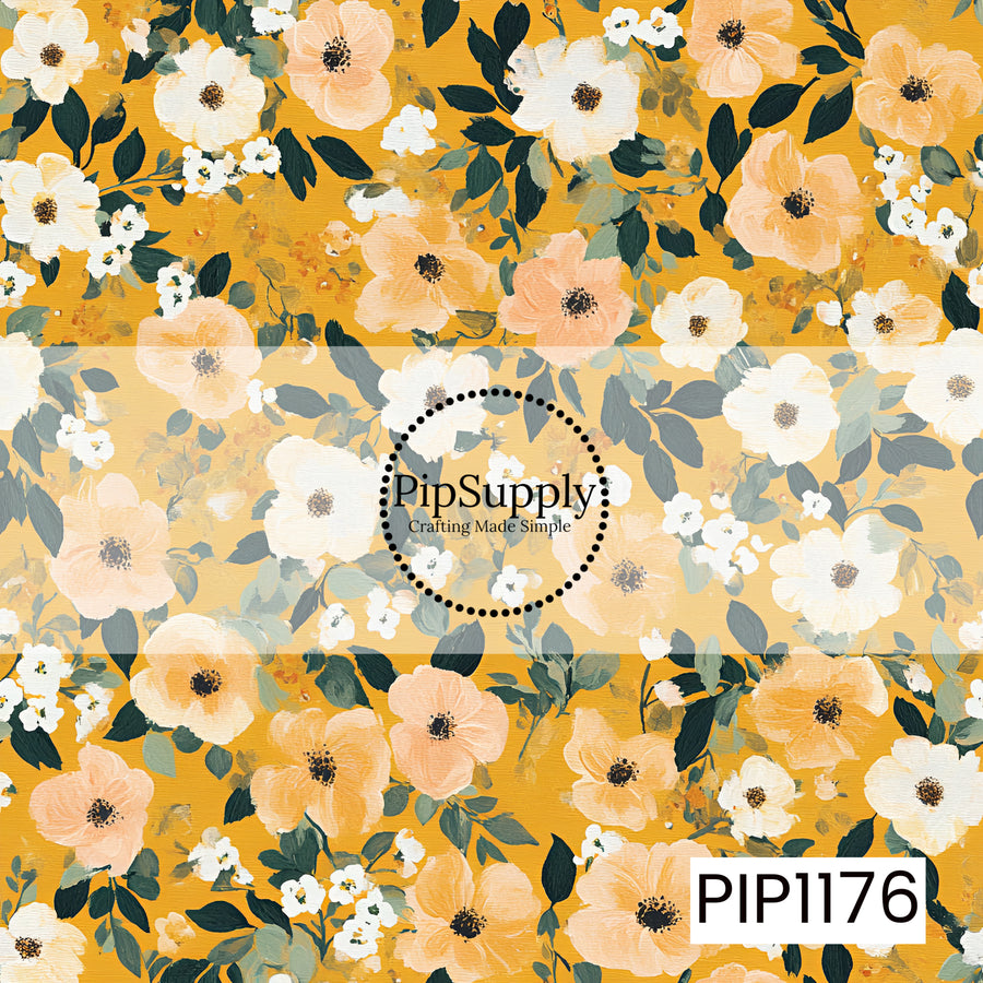 A warm, painterly floral print featuring soft peach, creamy ivory, and pale apricot blooms scattered across a rich golden mustard background. Deep forest green and muted sage leaves weave between the flowers, adding earthy contrast and depth. Visible brushstroke textures give the design a hand-painted, artistic finish, while the warm golden palette creates a cozy, vintage-inspired feel that transitions beautifully from late summer into fall.

