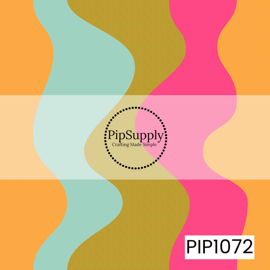 A bold retro-inspired pattern featuring flowing wavy stripes in vibrant orange, aqua, mustard, and hot pink. The playful color palette and smooth organic shapes create a fun, vintage feel with a modern twist, making it a striking coordinating design.
