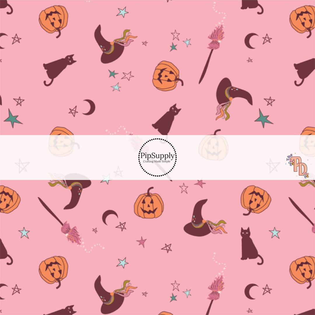 Candy Pink Pumpkins, Cats and Witches, Oh My Fabric By The Yard