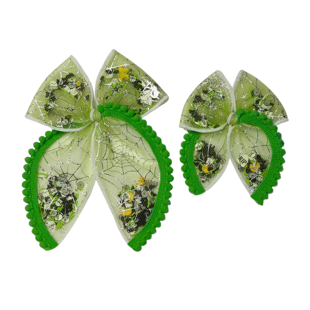 Midnight Web Green Shaker Hair Tied Bow w/ Clip