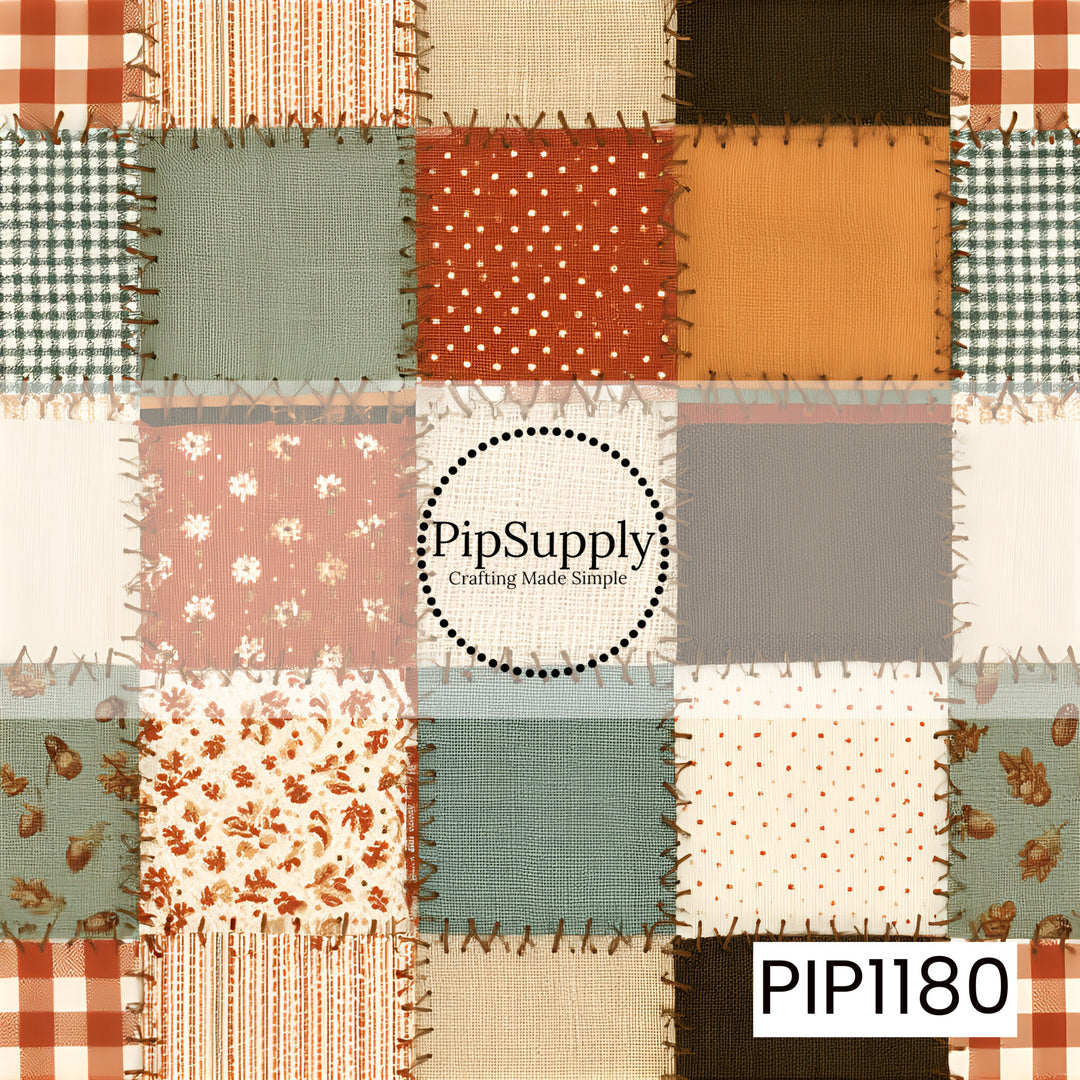 A cozy patchwork-inspired print made up of stitched fabric squares in warm rust, burnt orange, sage green, cream, tan, charcoal, and deep brown. Each block features a different homespun pattern, including gingham checks, tiny dots, delicate florals, textured solids, stripes, and subtle woodland motifs. Rustic stitched edges and woven fabric textures give the design a handmade quilted look, creating a warm, nostalgic farmhouse feel that’s perfect for fall and harvest-themed projects.
