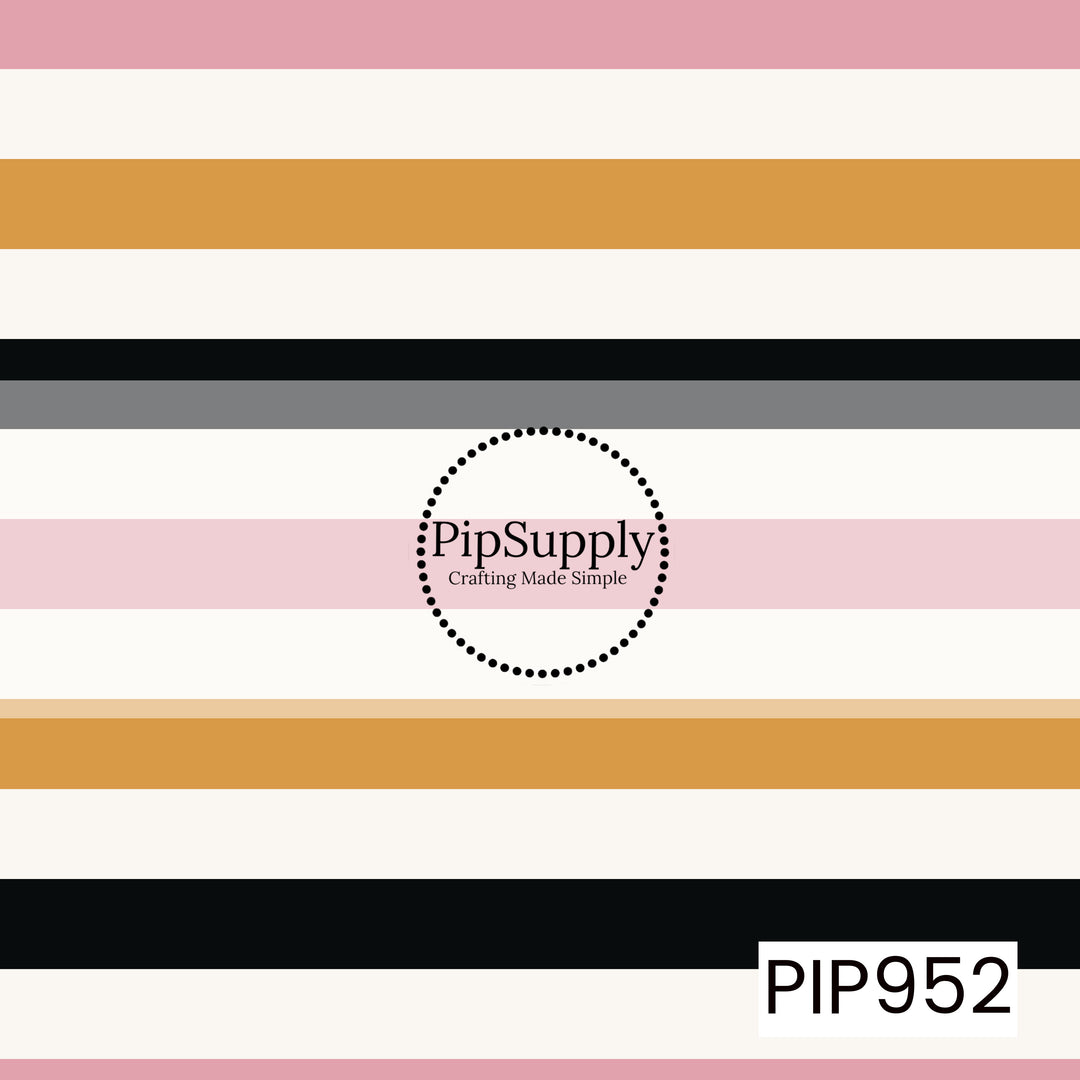 Horizontal stripes in blush pink, cream, mustard gold, black, and gray create a clean, classic seamless pattern that's perfect as a coordinating print for Halloween and fall designs.
