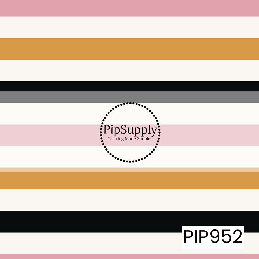 Horizontal stripes in blush pink, cream, mustard gold, black, and gray create a clean, classic seamless pattern that's perfect as a coordinating print for Halloween and fall designs.
