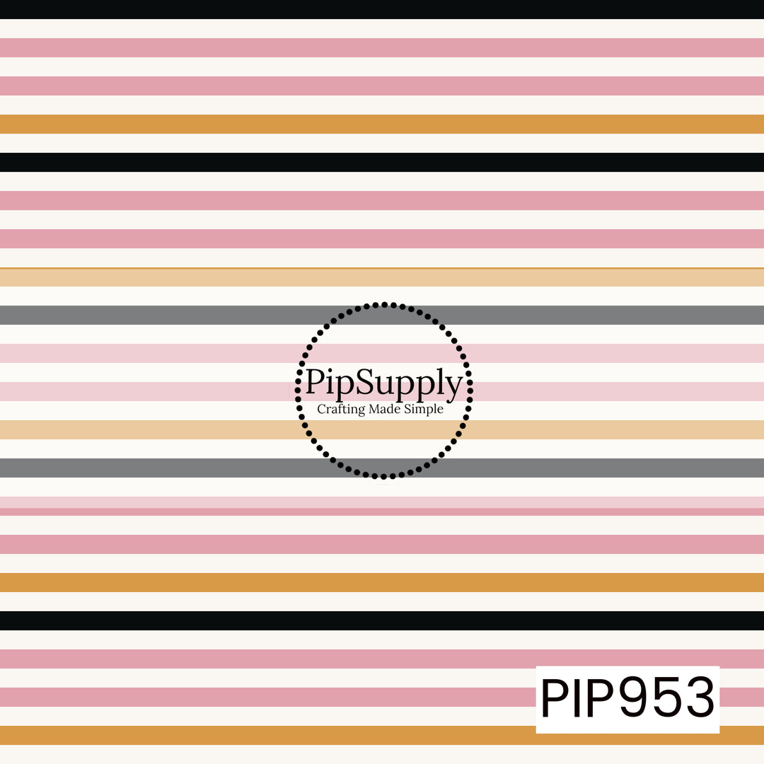 Thin horizontal stripes in blush pink, cream, mustard gold, black, gray, and soft beige create a versatile seamless coordinating pattern with a clean, modern look that's perfect for Halloween and fall projects.
