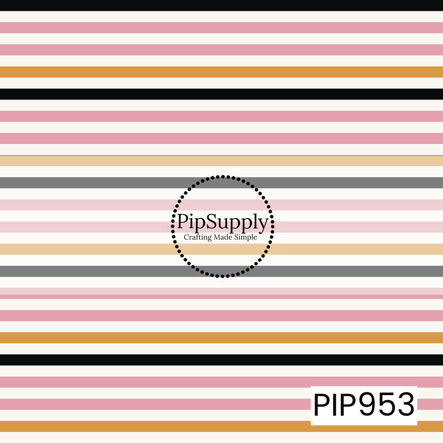 Thin horizontal stripes in blush pink, cream, mustard gold, black, gray, and soft beige create a versatile seamless coordinating pattern with a clean, modern look that's perfect for Halloween and fall projects.
