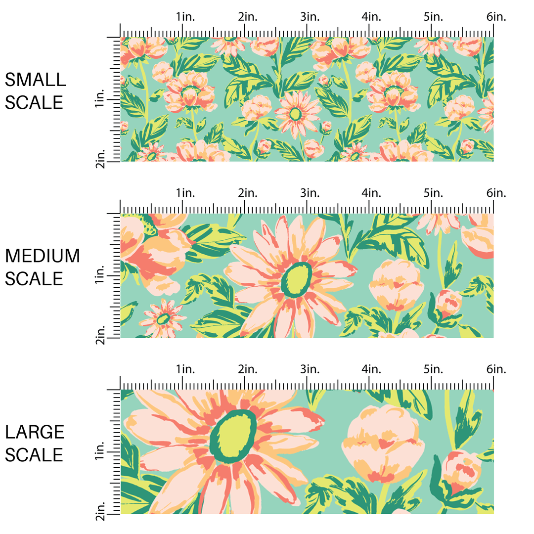 Peach and Green Blooms Fabric By The Yard