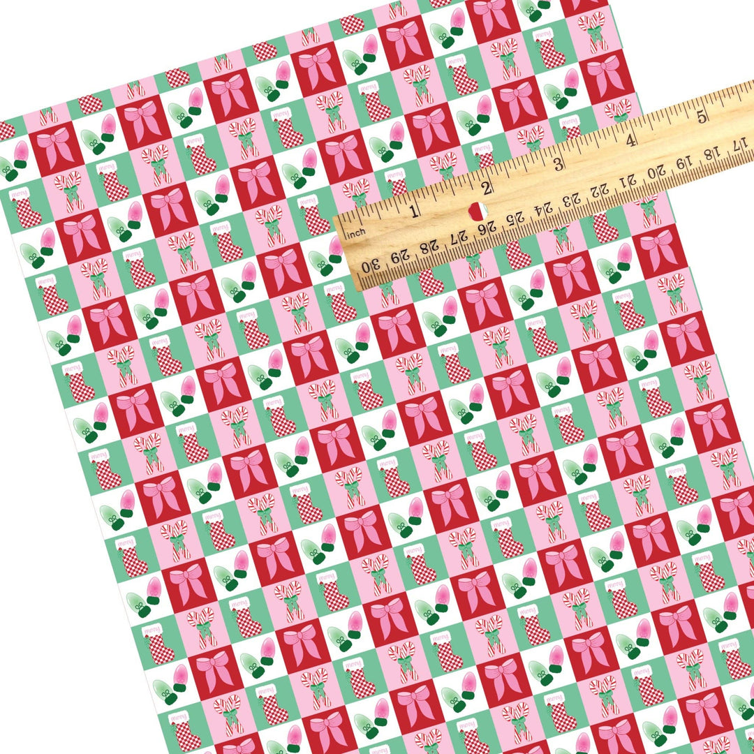 Pink Christmas Object Checker Faux Leather Sheets