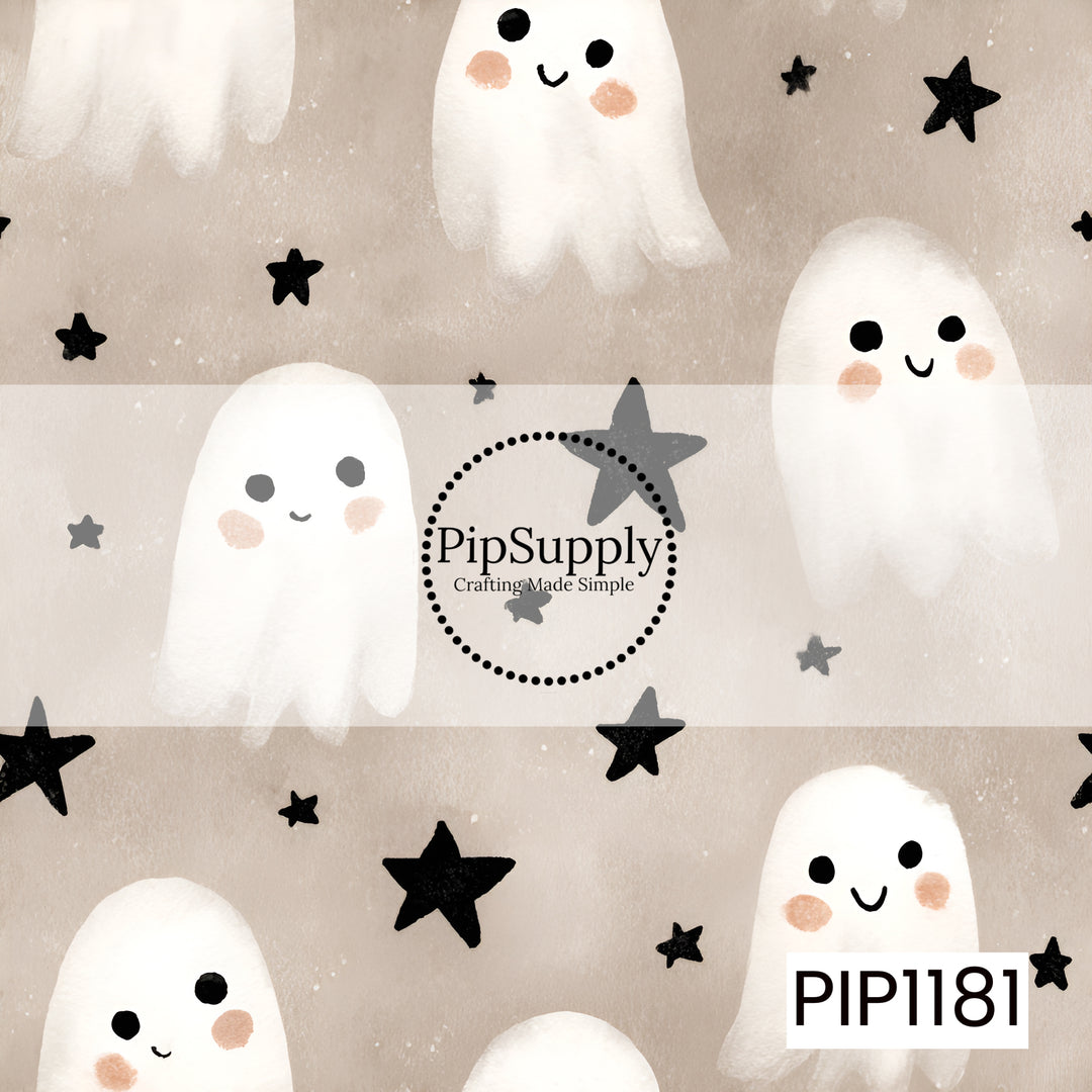 A sweet watercolor Halloween print featuring adorable white ghosts with rosy cheeks and happy little faces, surrounded by scattered black stars on a soft warm beige background. The simple neutral palette gives it a cozy, playful spooky-season feel.
