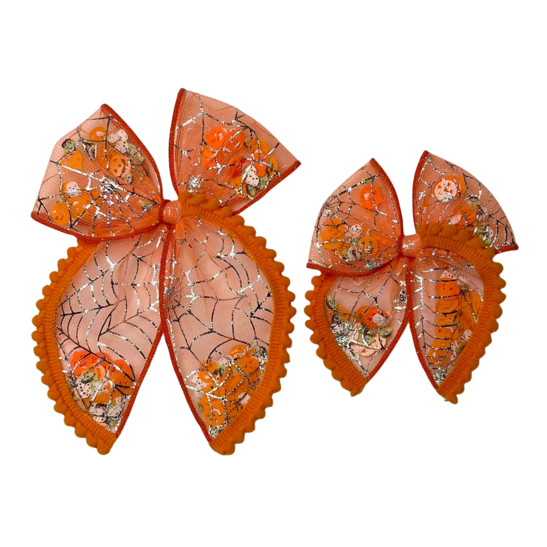 Midnight Web Orange Shaker Hair Tied Bow w/ Clip