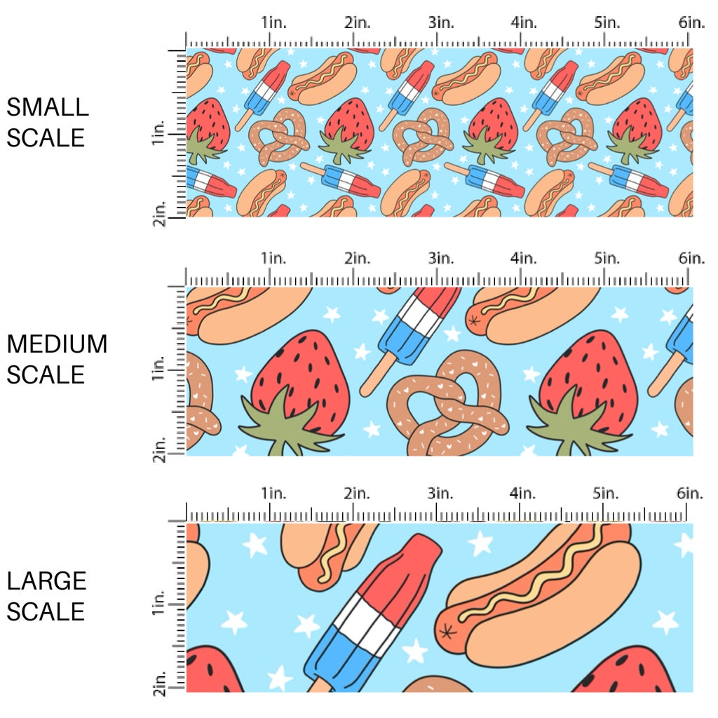 This scale chart of small scale, medium scale, and large scale of this 4th of July fabric by the yard features hot dogs, pretzels, and popsicles. This fun patriotic themed fabric can be used for all your sewing and crafting needs!