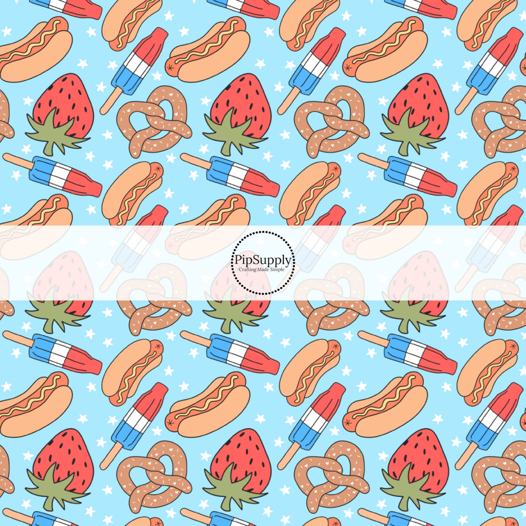 This 4th of July fabric by the yard features hot dogs, pretzels, and popsicles. This fun patriotic themed fabric can be used for all your sewing and crafting needs!