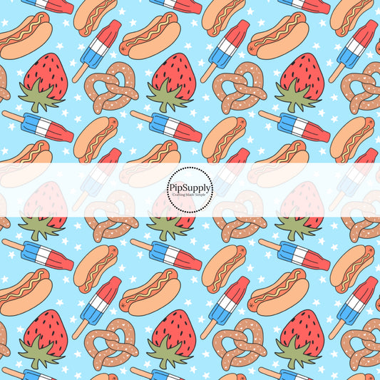 This 4th of July fabric by the yard features hot dogs, pretzels, and popsicles. This fun patriotic themed fabric can be used for all your sewing and crafting needs!