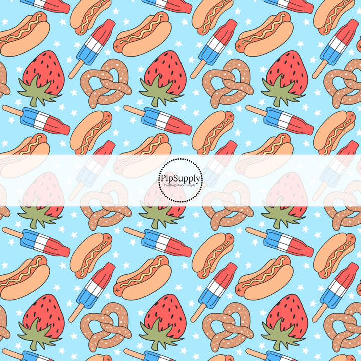 This 4th of July fabric by the yard features hot dogs, pretzels, and popsicles. This fun patriotic themed fabric can be used for all your sewing and crafting needs!