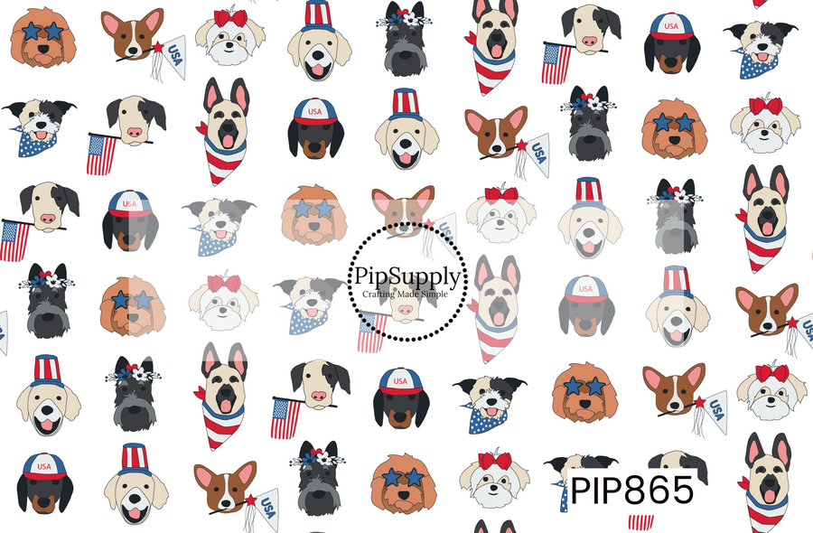This festive patriotic dog-themed design features an assortment of adorable cartoon puppy faces dressed in red, white, and blue accessories. The repeating pattern includes a variety of dog breeds sporting star-shaped sunglasses, patriotic hats, floral crowns, bandanas, and American flags. Set against a light background, the cheerful illustrations capture the spirit of Independence Day with playful charm and all-American style. Perfect for Fourth of July accessories, pet lovers, and patriotic parties.