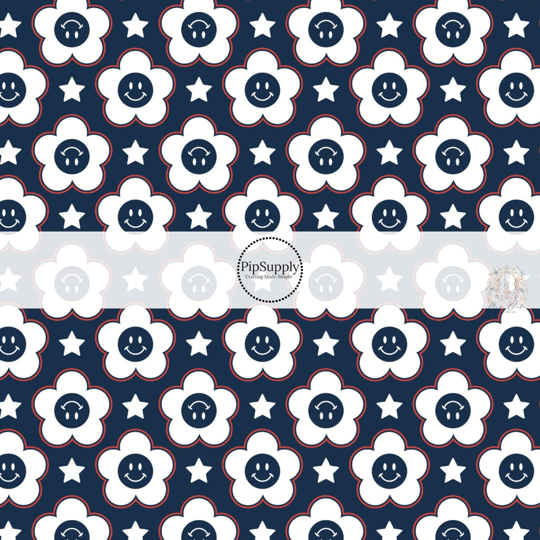 Smiley Daisies and Stars on Navy Hair Bow Strips