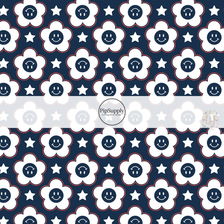Smiley Daisies and Stars on Navy Hair Bow Strips